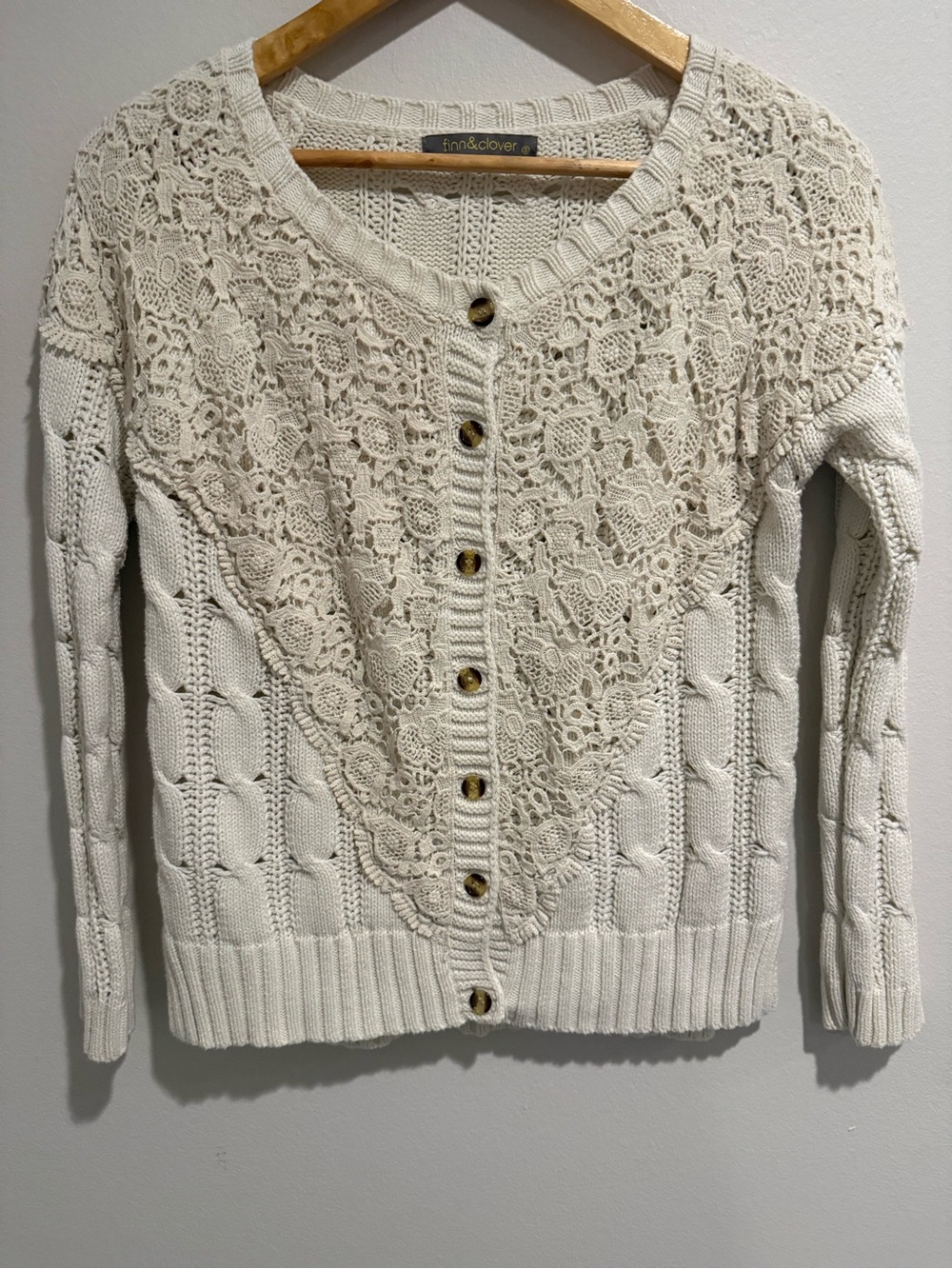 Finn & Clover Cable Knit Crochet Lace Cardigan Cream Size S Vintage Classic